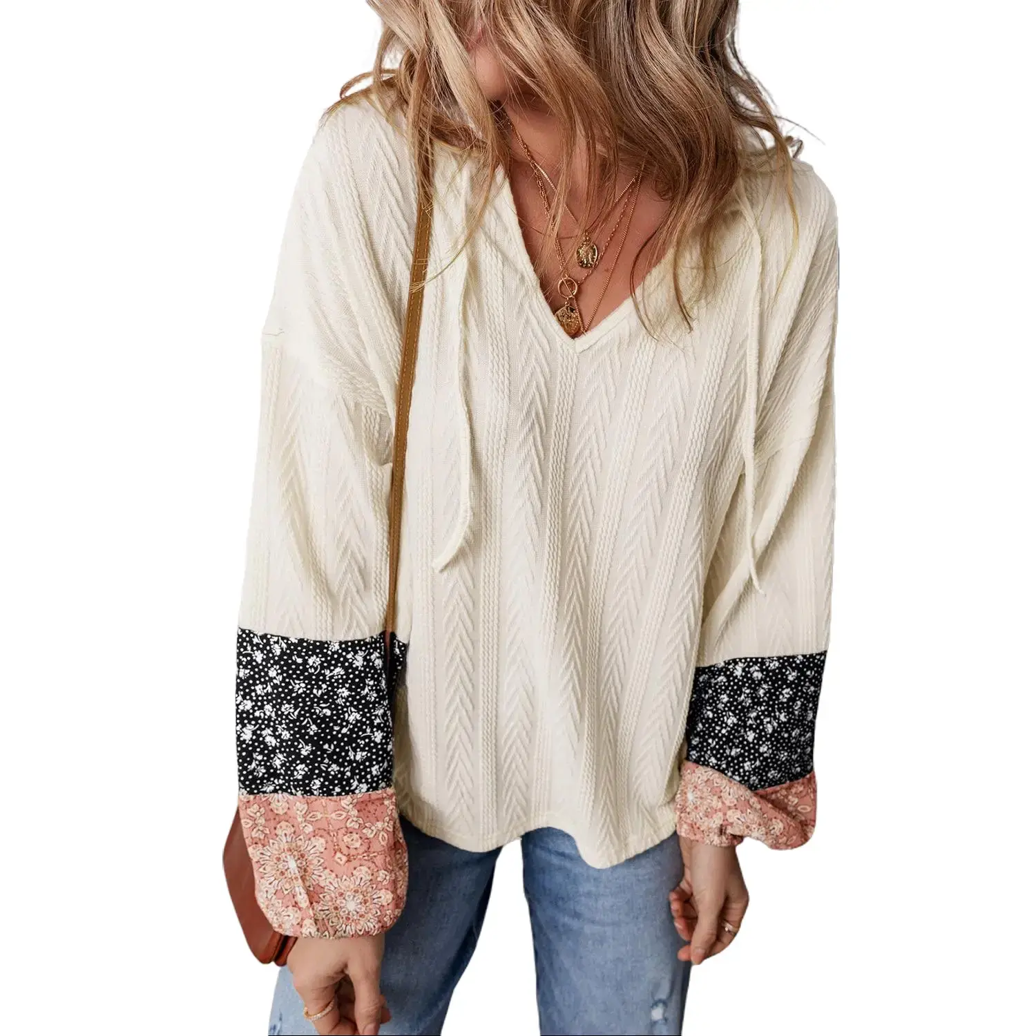 Beige Floral Patchwork Textured Knit Drawstring V Neck Blouse