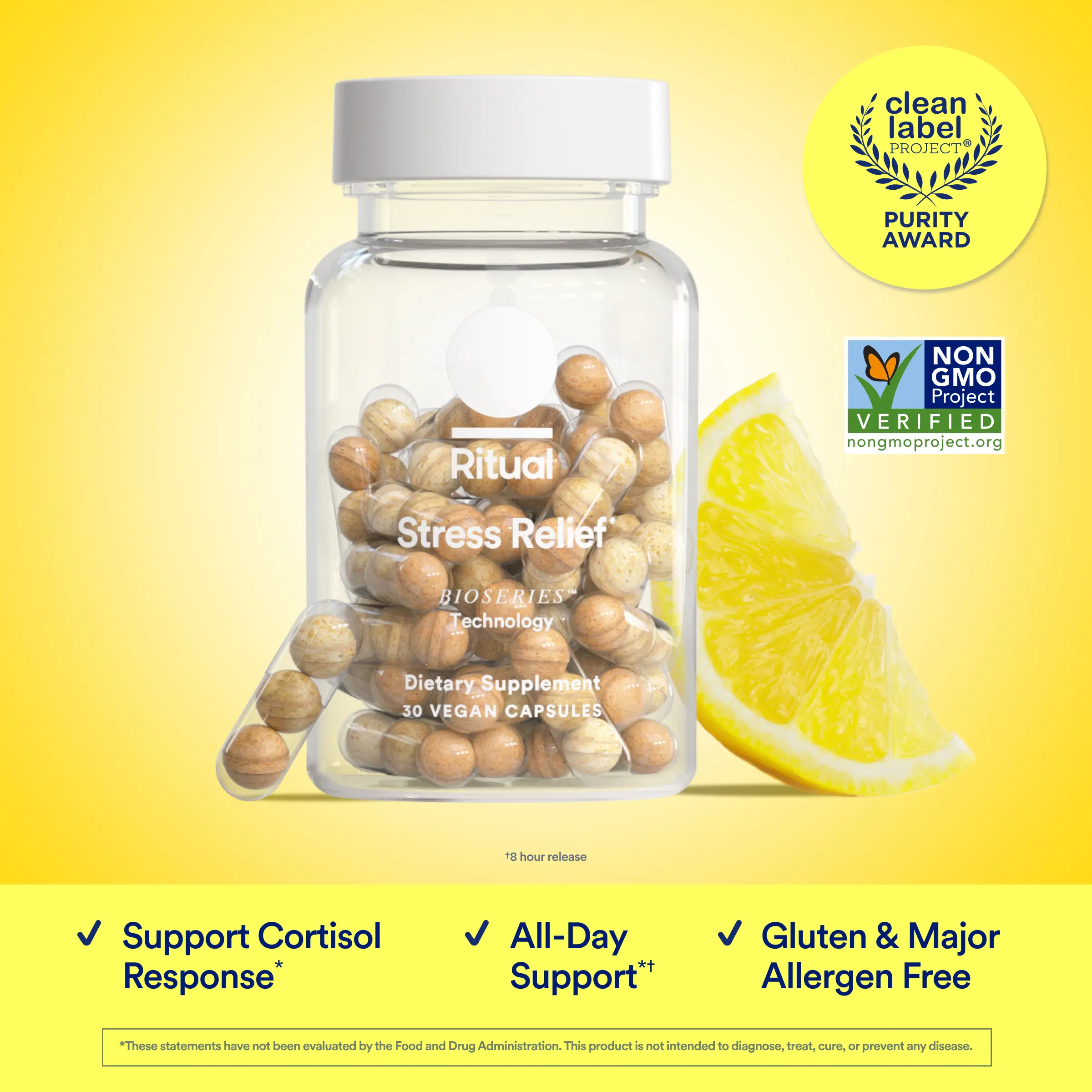 Ritual Stress Relief Supplement BioSeries with 8-Hour Release Support (Shoden Ashwagandha, Suntheanine L-Theanine, and Saffron as affron*) 30 Day Supply