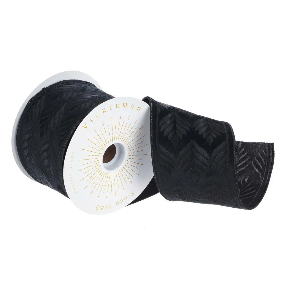 Vickerman Q228354 4 in. x 10 yards Embroidery Wired Edge Christmas Ribbon, Black