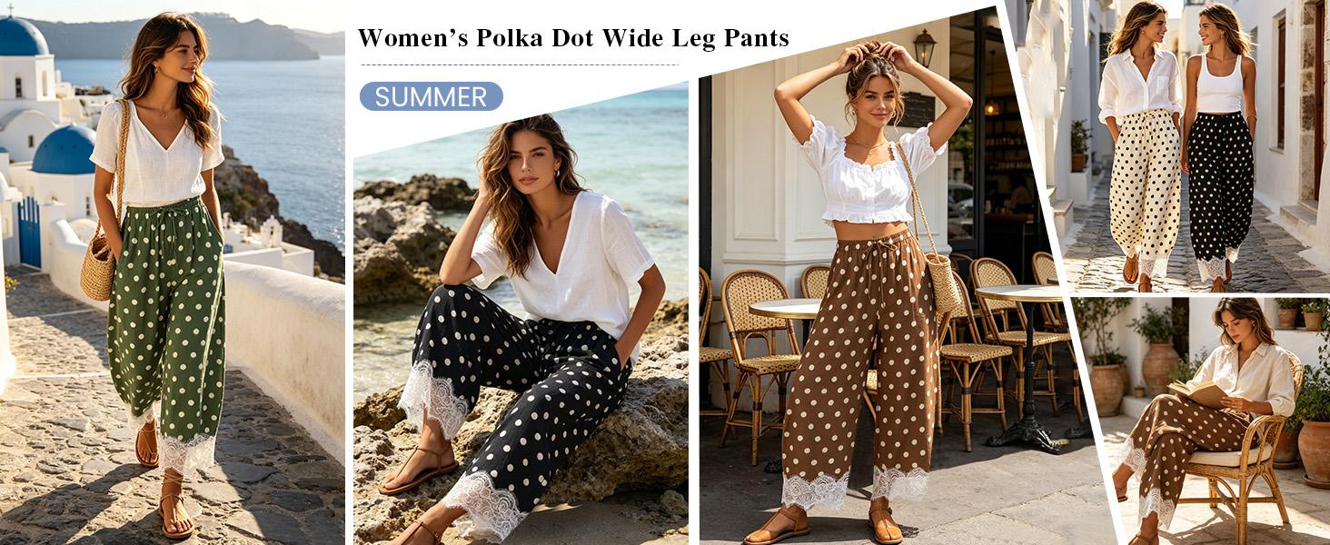 UANEO Womens Polka Dot Wide Leg Palazzo Pants High Waisted Summer Lace Trim Cropped Baggy Trousers with Pockets