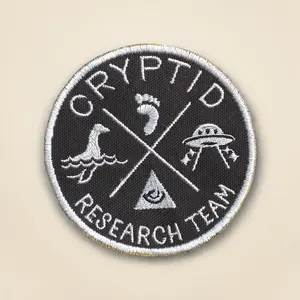 Cryptid Research Team Embroidered Patch for Embroidery Craft, Geometric Design, Sasquatch-Nessie-Mothman Themed, 3 Sizes with Iron-Sew Hook Backing, for Cryptozoology Enthusiasts