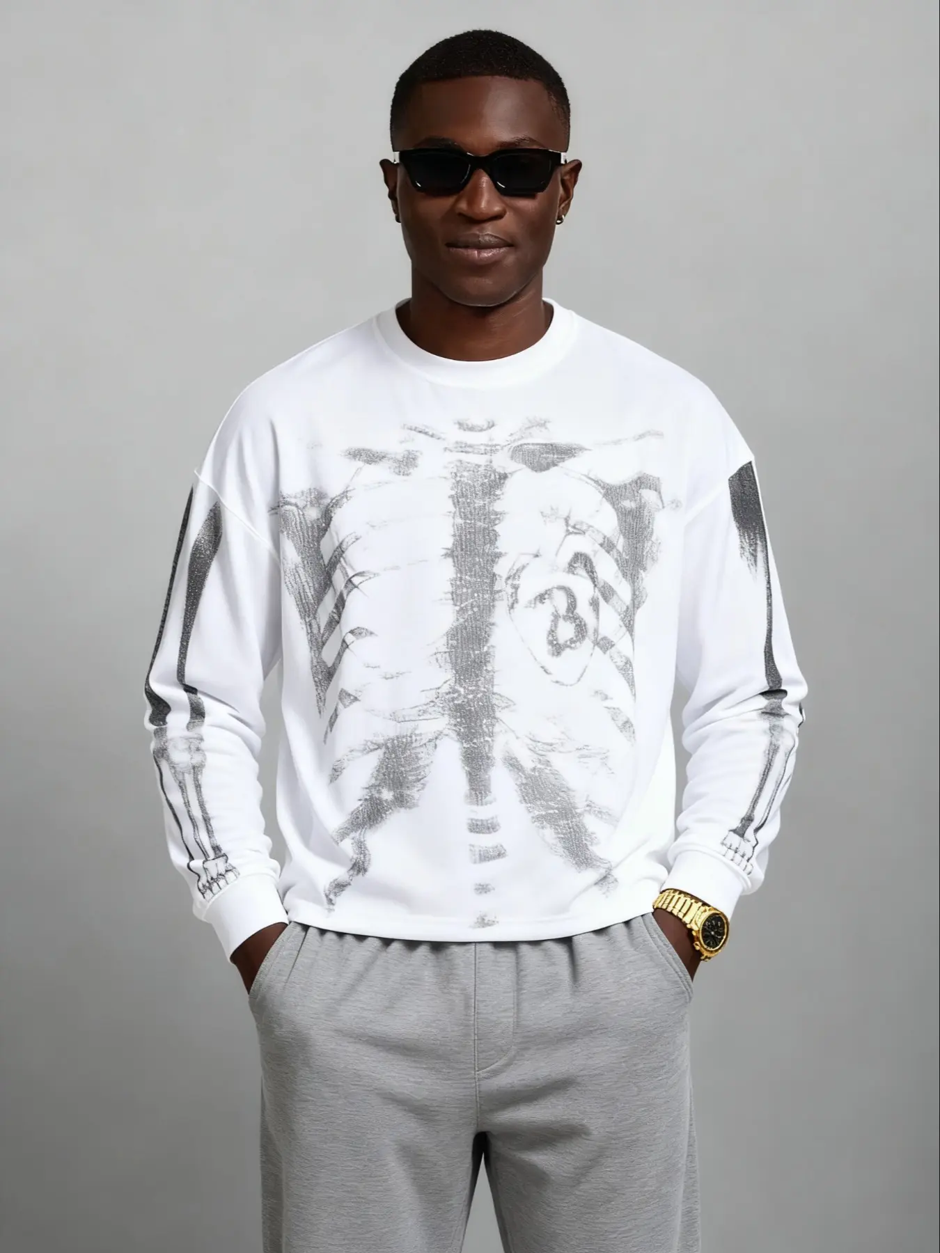 Street Dark King Waffle Long Shirt, Skull Print, Skeleton, Loose Shoulder Design, Unique Bone Pattern, Geometric, Trendy Filter, Casual Graphic Top, Casual, Streetwear, Street Style Essential, Top, Menswear