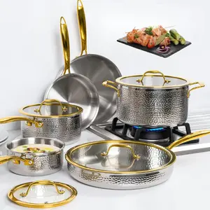 Michelangelo 10 Piece Triply Stainless Steel Cookware Set Hammered Pots and Pans Set 18/10 Stylish Saucepans with Gold Handles Lids Induction Safe Easy Clean