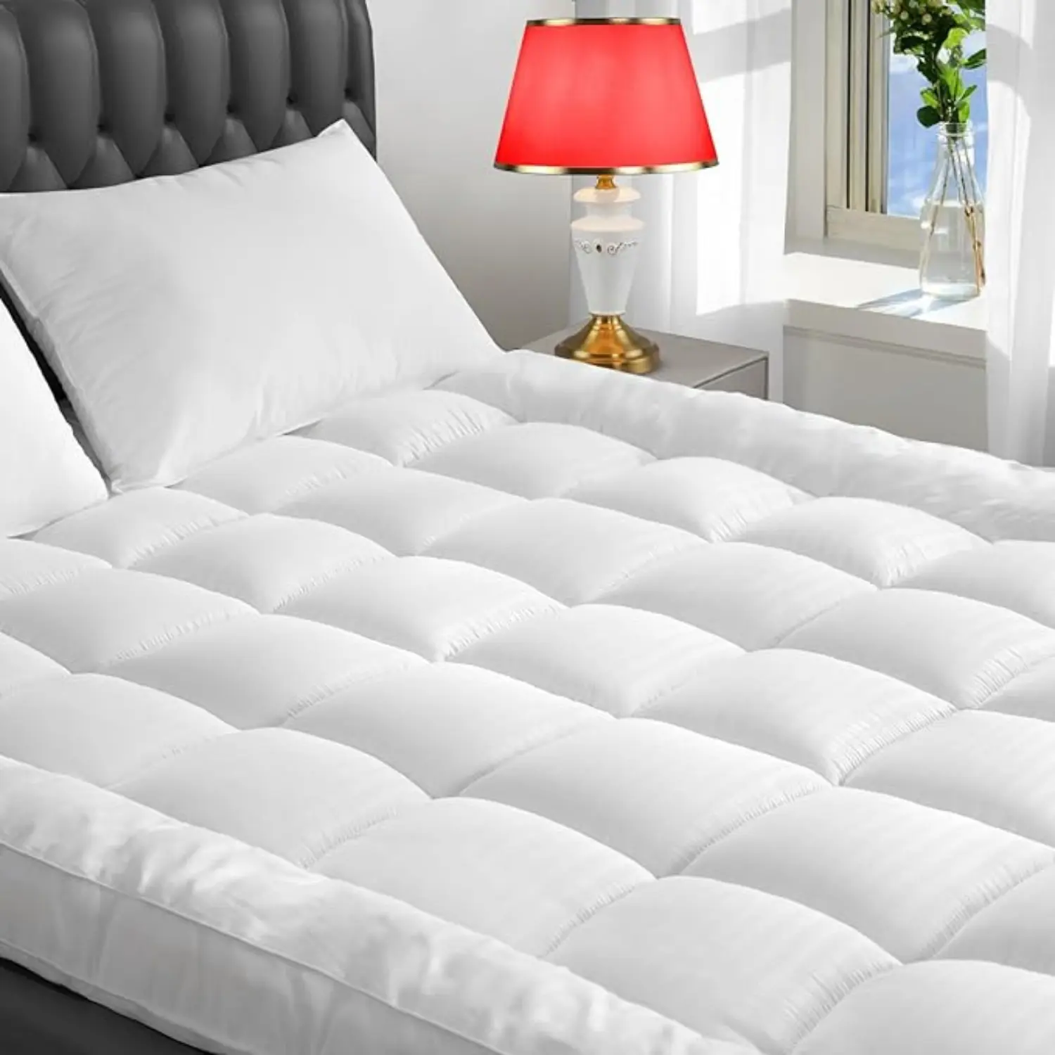 Extra Deep 4 Inch Ultra-Fluffy Mattress Topper Queen for Back Pain, Extra Soft Pillow Top Queen Mattress Topper with 4X Support, Mattress Pad with Breathable Air Mesh Sides, 6-21'' Deep Pocket US