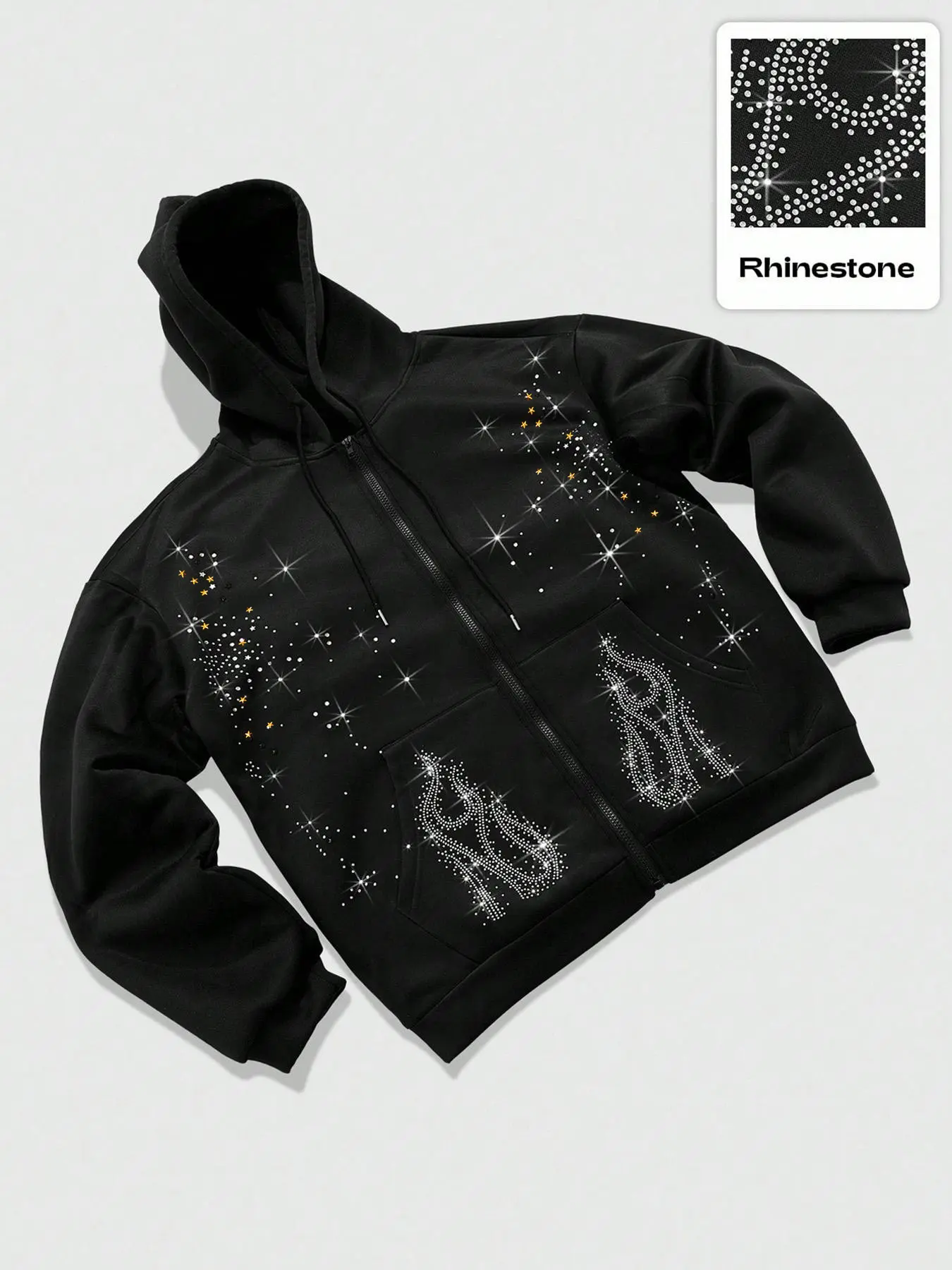 Men's Rhinestone Decorated Zipper Hoodie, Sweatshirts, Casual Loose-Fit Kint Fabric, Suitable for Autumn & Winter Daily Wear, Knit, Long Sleeve