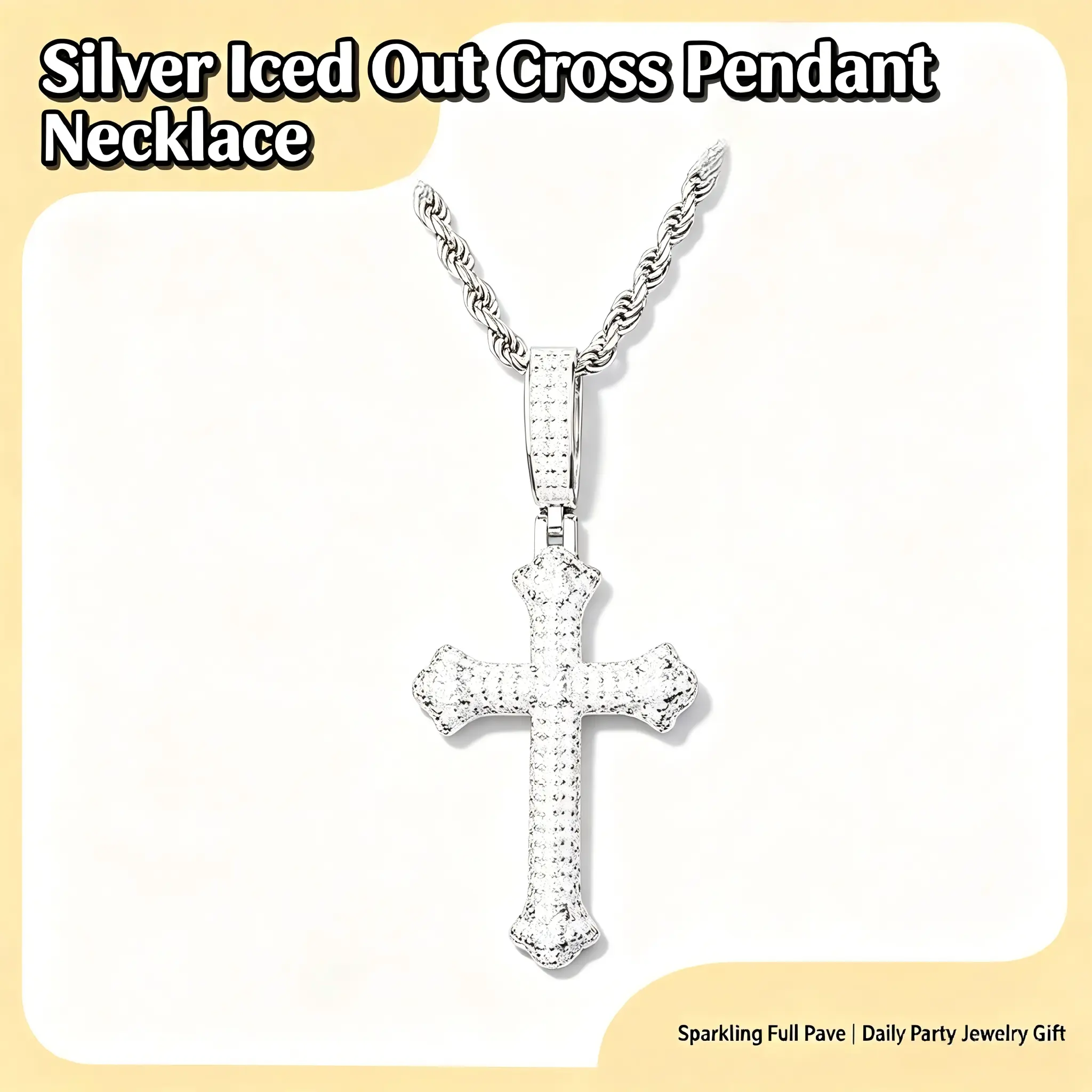 QUEENDO Unisex Iced Out Vintage Cross Pendant Necklace, Cross Shape Full-Paved Shiny Stone Charm with Detachable Bail, 2-Tone Gold-Silver Metal Coating Hip Hop Jewelry for Daily Wear Gift, Cross Necklace, Chain Jewelry Necklaces
