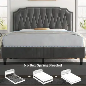1pc Modern Upholstered Bed Frame Platform Bed Frame With Wooden Slat Support & Height Adjustable Headboard, Full/Queen Size, Dark Gray