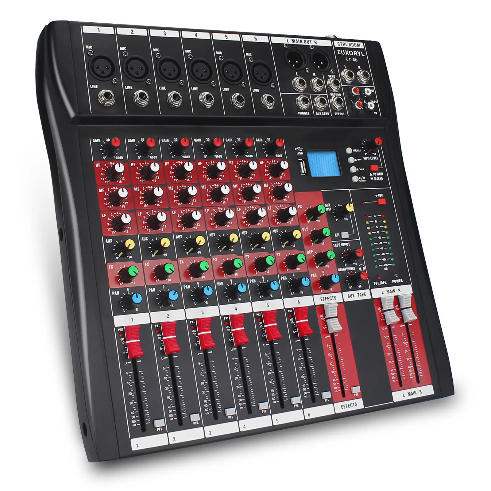 6-Channel Entertainment DJ Audio Mixer with 48V Phantom Power, Studio-Quality Reverb, Bluetooth, USB for Karaoke, Live Stage Shows, Studio Recording, Entertainment Mixer