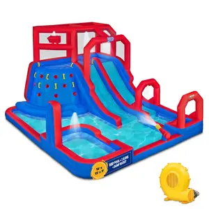 Sunny & Fun Deluxe Adventure Inflatable Water Park with Climbing Wall & Pool - Red/Blue, Durable Nylon Fabric, 2 Water Slides, Splash & Deep Pool, Easy to Assemble & Deflate