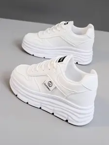 Women's Fashionable Solid Color Lace Up Platform Sneakers, Casual Comfortable Sports Shoes for Daily Wear, Perfect for Students and Outdoor Sports, Thick Sole Sneakers