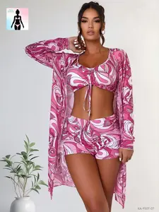 Aura Swim Women's Pink Abstract Print V-Neck 3-Piece Bikini Set Bathing Suit - High-Waisted, Long-Sleeve Cover-Up, Curve-Hugging, Removable Pads, Ruched Tie, Stretch Blend Swimwear for Pool Parties, Vacations, Bathing Suits