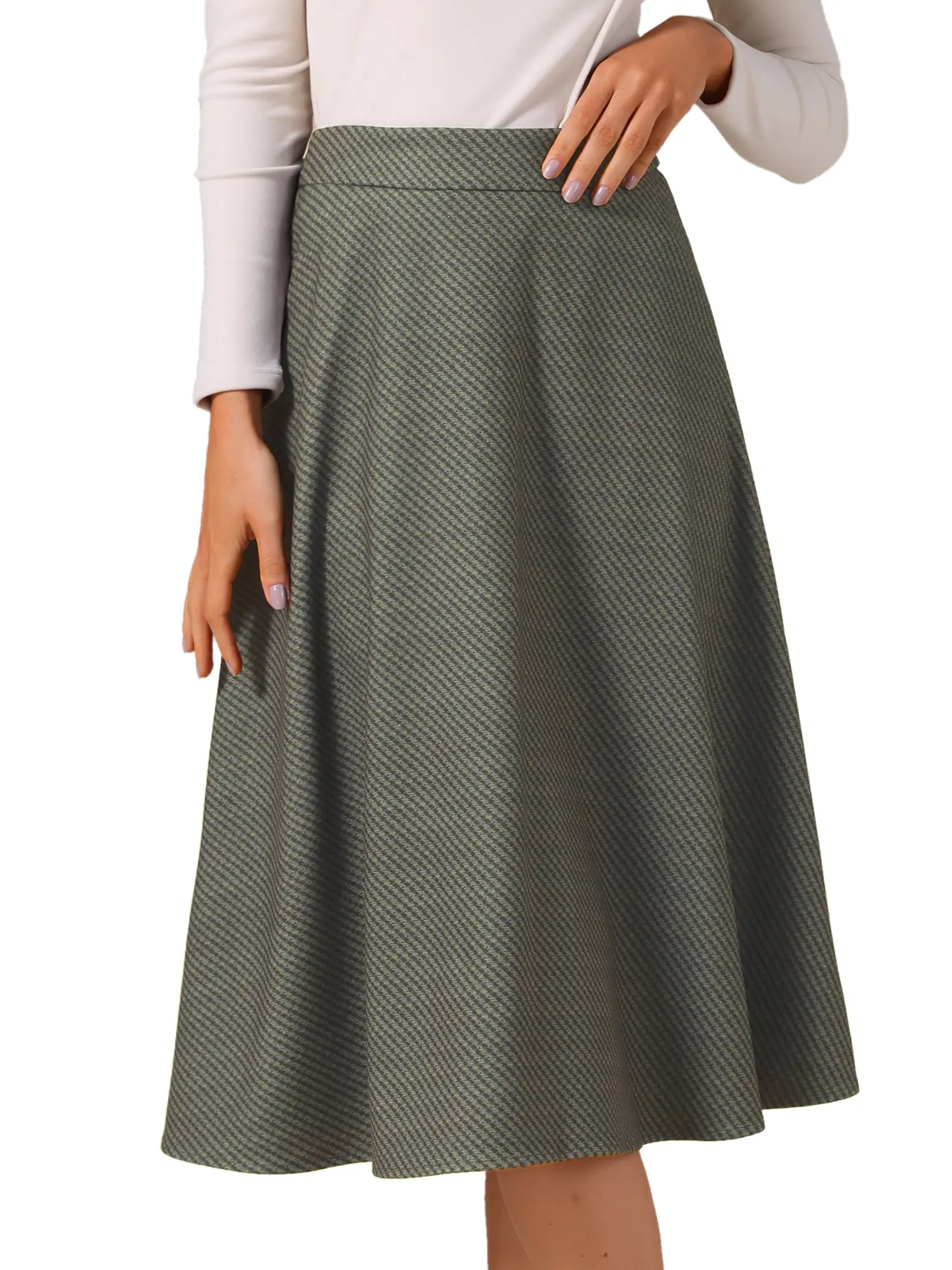 INSPIRE CHIC Women's Houndstooth Plaid Midi Skirt Vintage High Waist Fall Winter A-Line Skirts Coffee