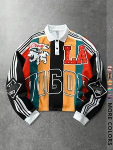 Unisex Retro Colorblock Striped Print Graphic Long Sleeve Polo Hoodie, Vintage Street Style Loose Fit Casual Sweatshirt, All Seasons Fashion, Fitted Look, Menswear