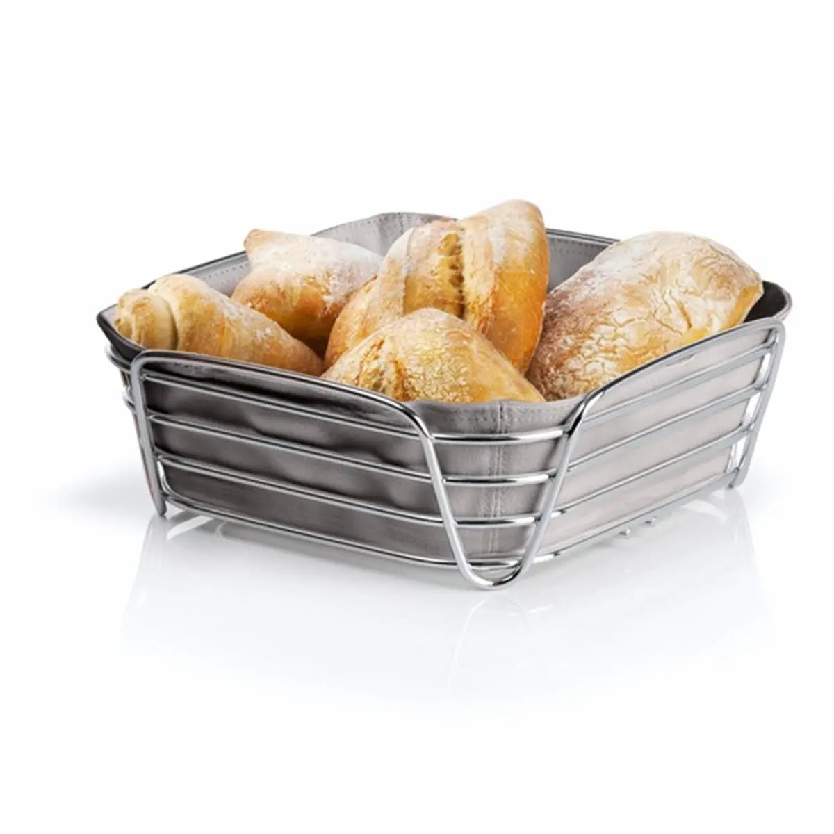 Blomus 63668 Large Chrome Plated Wire Bread Basket, Decorative and Functional Kitchenware with Removable Taupe Fabric Liner, Removable Fabric Liner