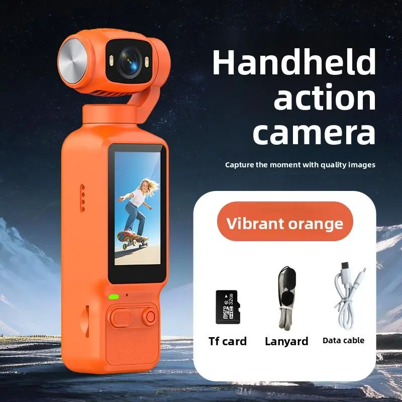 Handheld Gimbal Camera - Portable HD Video Camcorder with 32GB Storage, 800MP HD Lens, 90° Rotation Body, Built-in Fill Light, TF Card Slot, Type-C USB Rechargeable (Cable Included), Orange, Ideal Travel & Christmas Gift