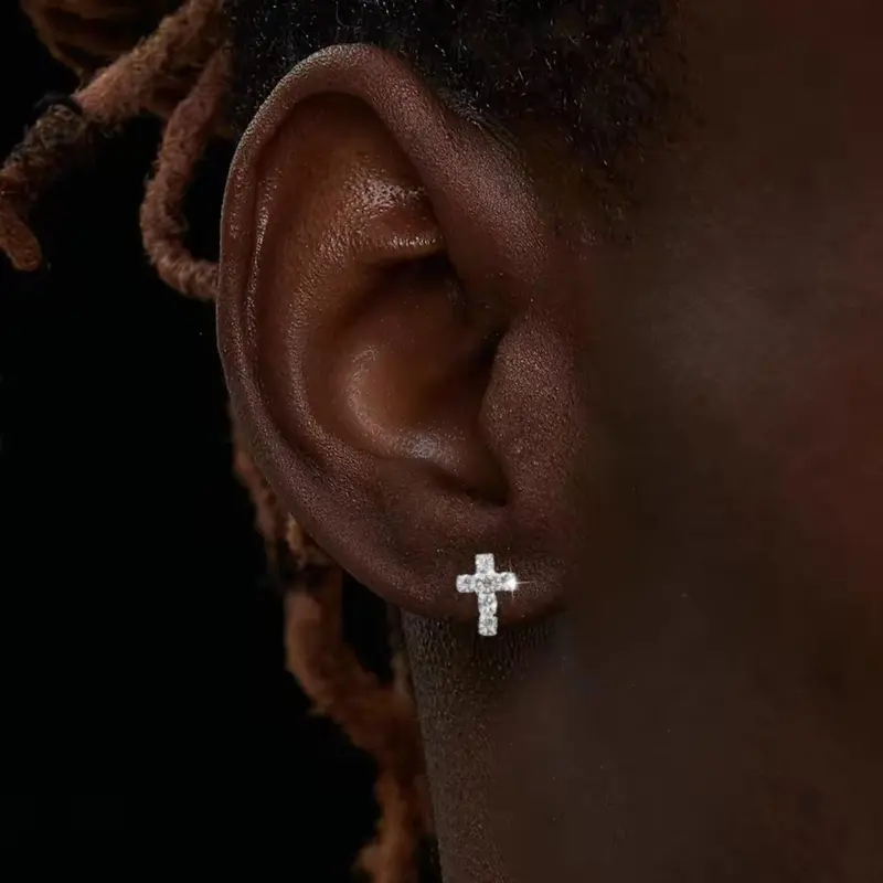 Street Trend Cross Design Stud Earrings for Men, Vintage Rhinestone Decor Earrings for Party, Daily Decor, Fashion All-match Exquisite Jewelry for Gift, Studded Cross Earrings, Trendy Jewelry