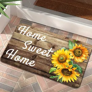 1pc Home Sweet Home Welcome Doormat with Sunflower Design - Machine Washable, Non-Slip Rubber Backing, Rectangle Shape, Absorbent Polyester Fiber for Entryway and Patio
