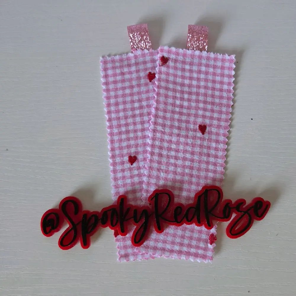Pink gingham heart embroidered handmade cloth bookmark