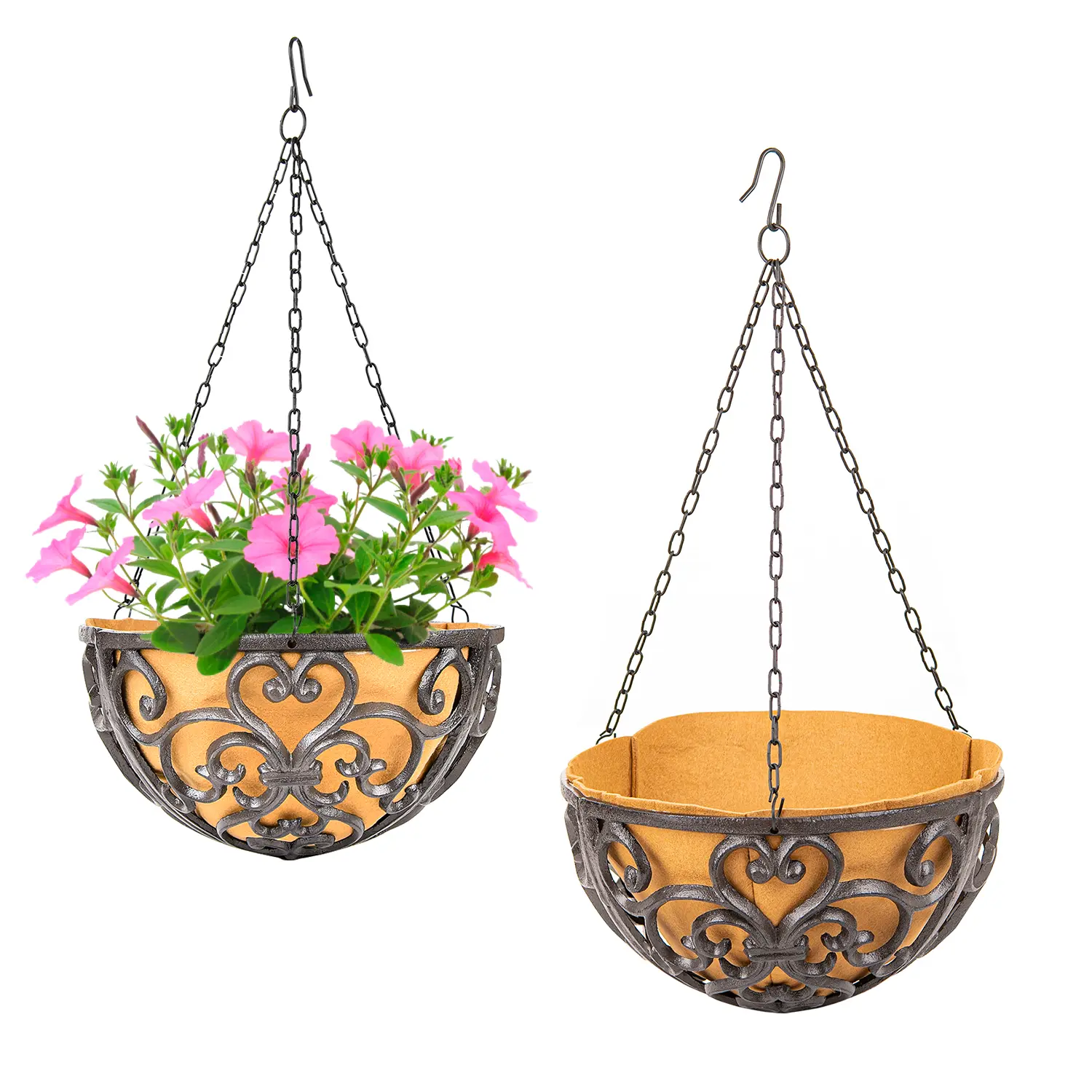 Sungmor 2PC 11in Dia. Large-Diameter Cast Iron Hanging Planters & Baskets Set, Rustic Brown Heavy-Duty with Fabric Liner, Outdoor Garden Plant Decor Flower Basket Decor