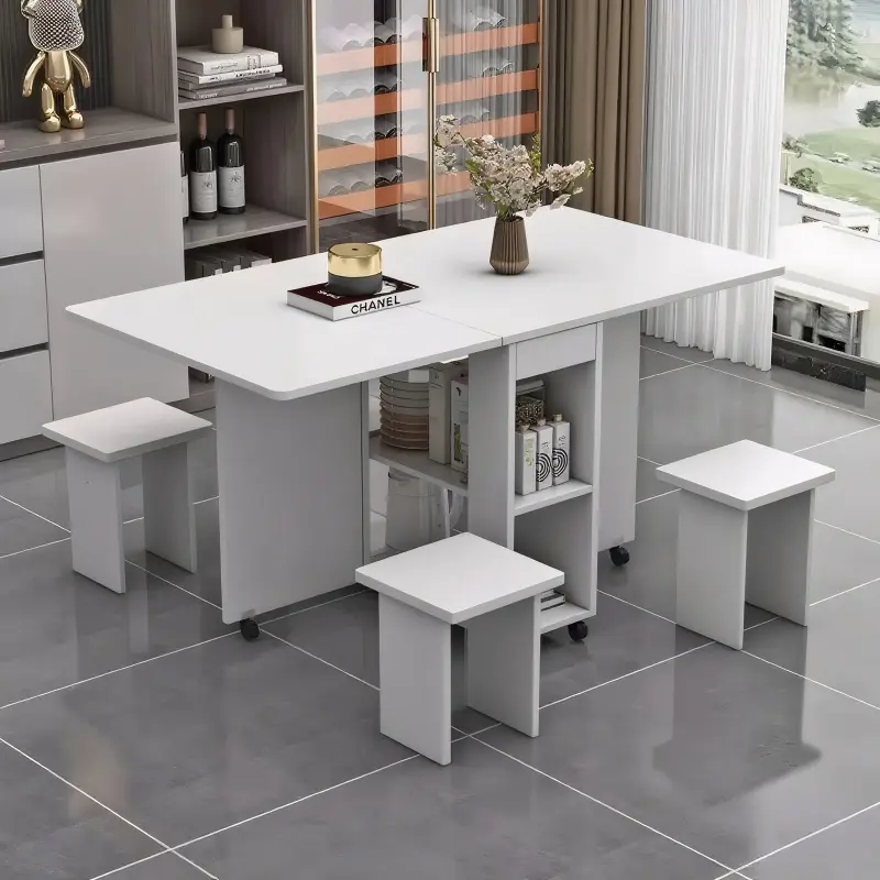 Folding Drop Leaf Dining Table Set for 4 with 4 Chairs, Space Saving Foldable Dining Table with Storage and 6 Wheels,  White