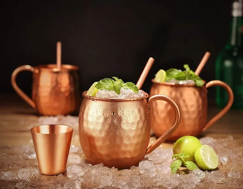 Set of 4 Handcrafted 100% Pure Copper Moscow Mule Mugs Hammered Finish 16 Oz. Gift with Shot Glass and 4 Pcs Straws.