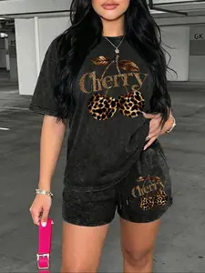 Women's Casual Two-Piece Set, Matching Sets, Casual Lounge Set, Womenswear, Leopard Cherry Letter Print, Vintage Street Fashion, Perfect for Holidays, Travel, Beach, Surfing