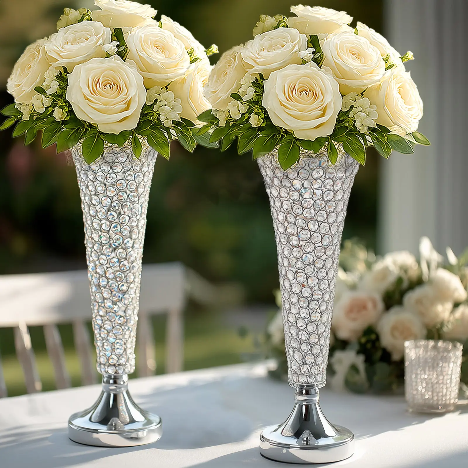 2-Pack Crystal Beaded Trumpet Vase Set 22" Silver - Table Centerpiece for Stylish Decor, Vases For Flowers, Glass Vases For Centerpieces