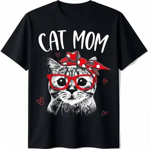 Cat Mom Graphic T-Shirt for Women - 100% Cotton 180g Relaxed Fit Short Sleeve Round Neck, Vintage Style Cat with Red Bow & Hearts Design, Machine Washable Casual Summer Top, Mother'S Day Gift, Cat T Shirt, Everyday Outfit, Playful Design