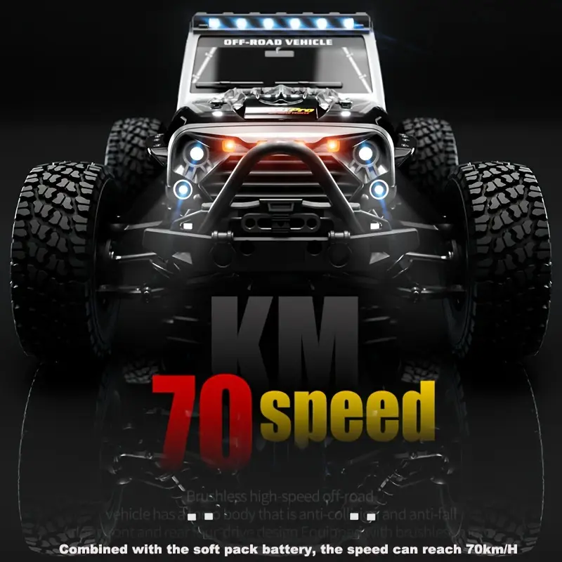 70 KM/H Top Speed 2.4G 1:16 Four-Wheel Drive High-Speed Brushless Off-Road Vehicle with Three-Speed Mode LED Headlights Ideal Birthday or Christmas Gift Racing Toys Brushless Remote Control Truck