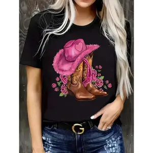 Plus Size Women's Casual Short Sleeve T-Shirt - Vibrant Boots & Hat Print, Comfortable Spring & Summer Top, Relaxed Fit, Soft Fabric, Easy Care, Perfect for Daily Wear