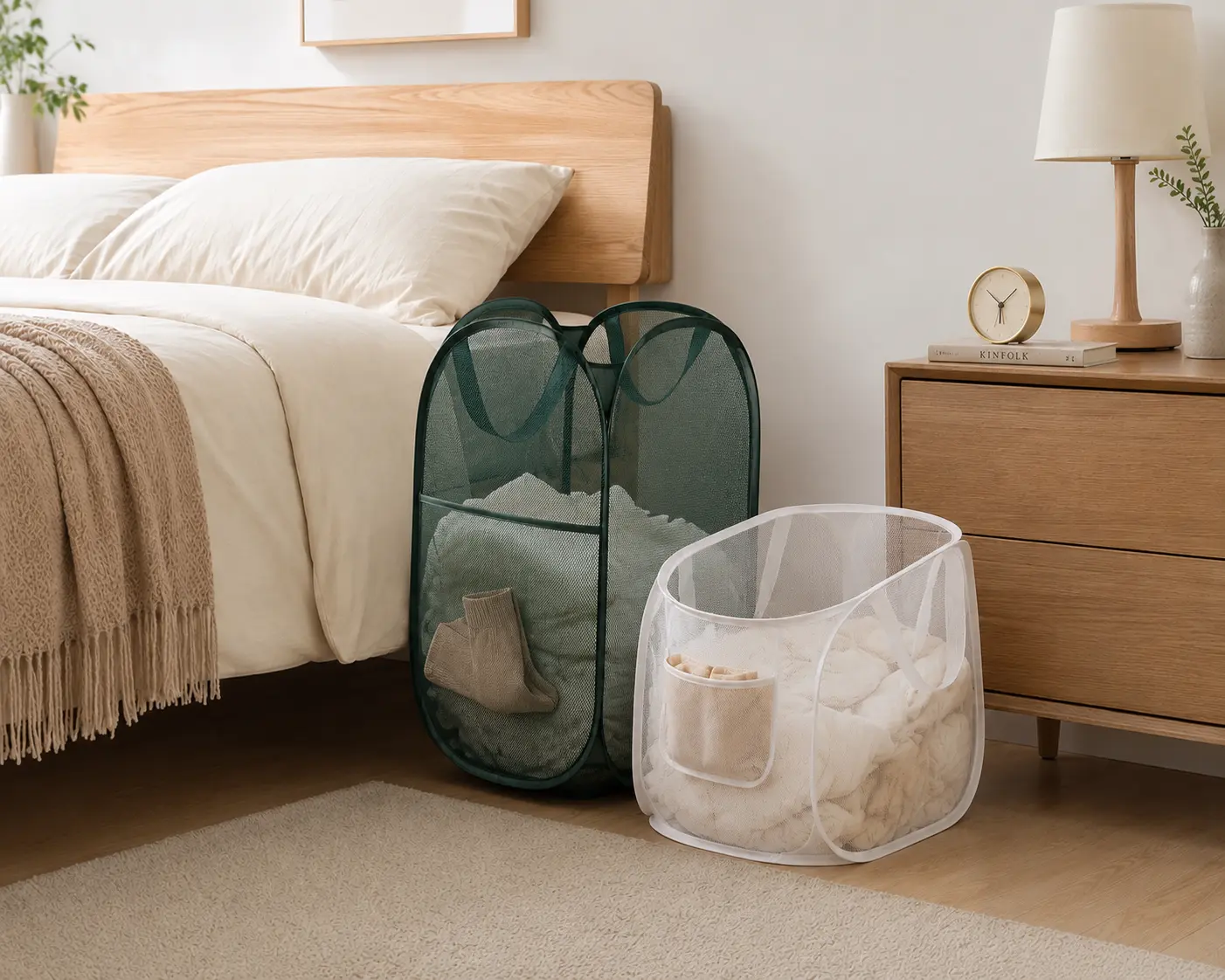 2-Pack 70L Pop-Up Laundry Hamper, Collapsible Mesh Laundry Basket with Side Pocket & Sturdy Reinforced Handles, Foldable Dirty Clothes Storage for Home Bedroom Bathroom (1 Green, 1 White)