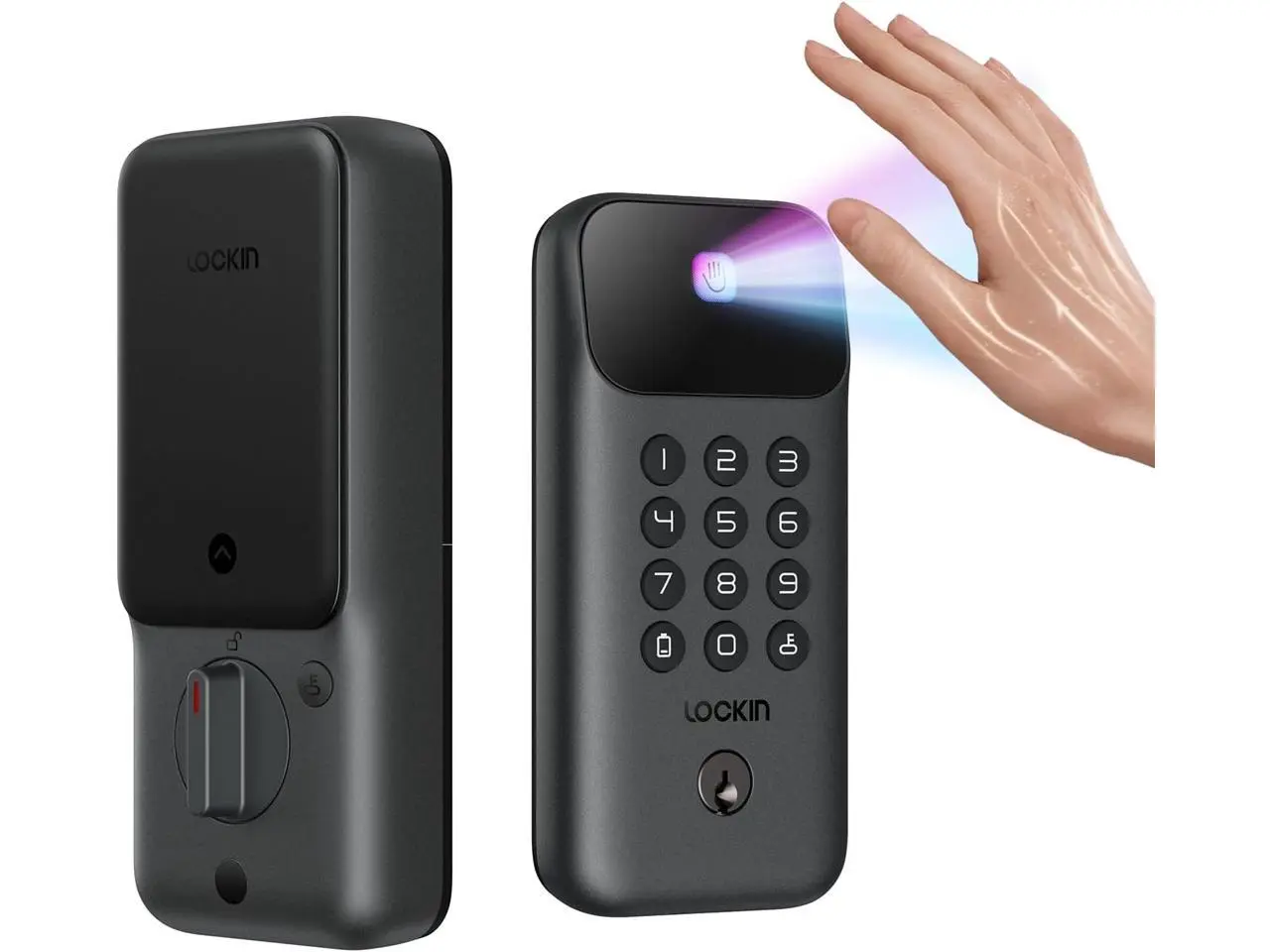 Lockin Veno Go - Smart Lock - Palm Vein Keyless Entry Door Lock - 5 Unlock Methods, Built-in WiFi, Smart-Home Compatible - Front Door Security - 7-Month Battery