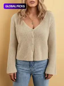 Women's Plain Basic Cardigan, Casual Long Sleeve V Neck Cardigan for Summer, Fashion Women's Knitwear for Daily Wear, Knitted Cardigan, Womenswear, Lady Knitting