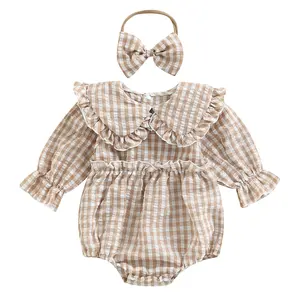Newborn Baby Girl Plaid Ruffle Bubble Romper Peter Pan Collar Gingham Sweatshirt Jumpsuit Bodysuit Fall Winter Clothes