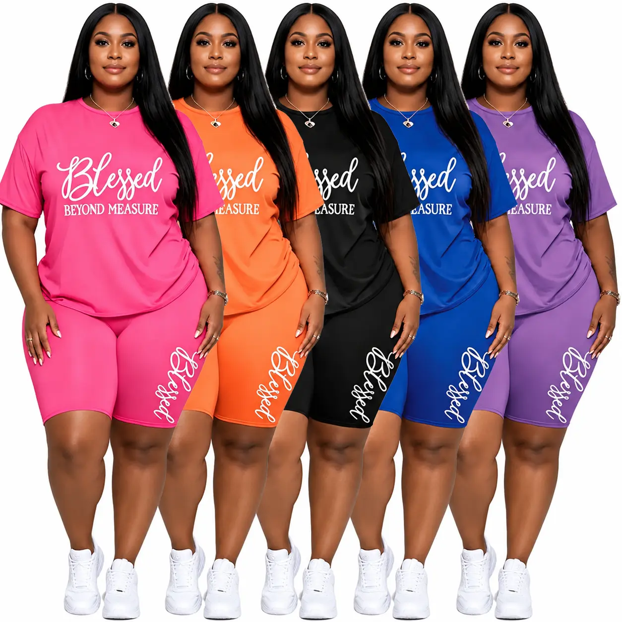 Women's Large-Size Polyester Short-Sleeve 2-Piece Set, 2026 Summer Loose Casual Activewear Shorts Sets, Athleisure Gym Clothes, Casual Athletic Sportswear for Cycling