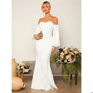 Dress Mermaid Sleeve Lantern Shoulder Belle tiktok Off Ruched Hem Wedding White Elegant Long Bridal