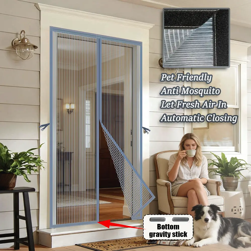 AIYYIPA Punch-Free Magnetic Screen Door - Easy Install Heavy-Duty Fiberglass Mesh, Self-Sealing Pet-Friendly Gray Curtain with Storage Clasp, All-Season Protection Anti-Mosquito Insect-Proof Home Partition