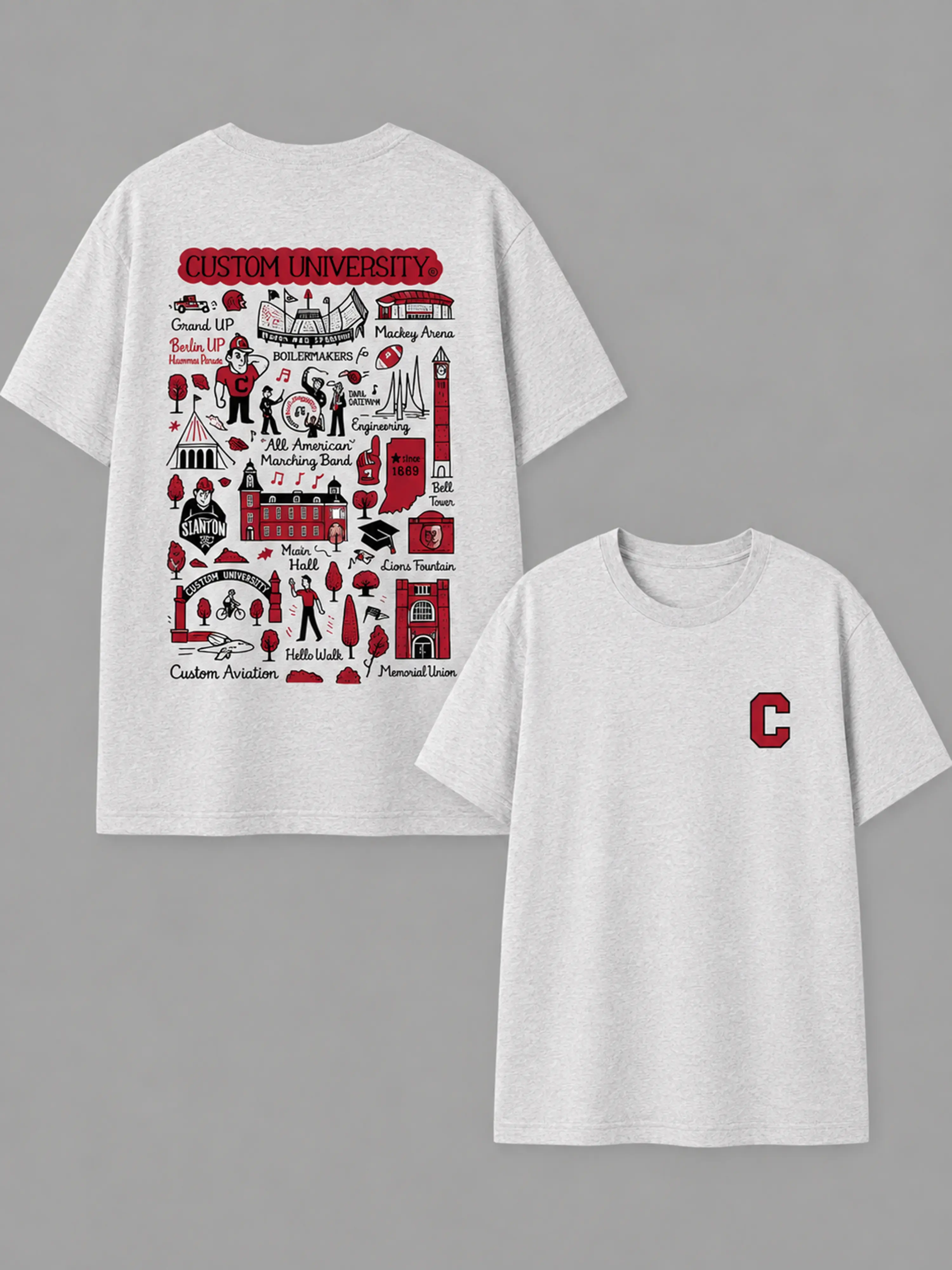Custom University Hand Sketched Shirt - Ash Grey, Personalized College All Team, Game Day Shirt, Vintage-Style Top for Sports Lovers, Womenswear