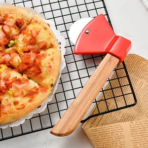 Stainless Steel Pizza Cutter, Wooden Handle Axe Pizza Cutter, Baking Pizza Cutter, Round Pie Cutter, Food Divider, Kitchen Utensils, Kitchen Cooking Accessories