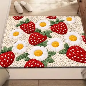 Strawberry Daisy Pattern Flannel Doormat Ultra Soft Cozy Non Slip Waterproof Machine Washable Printed Floor Mat Perfect For Bedroom Kitchen Dining Room Bathroom Entryway Indoor Home Decor Treads Stair Non-Slip absorbent water