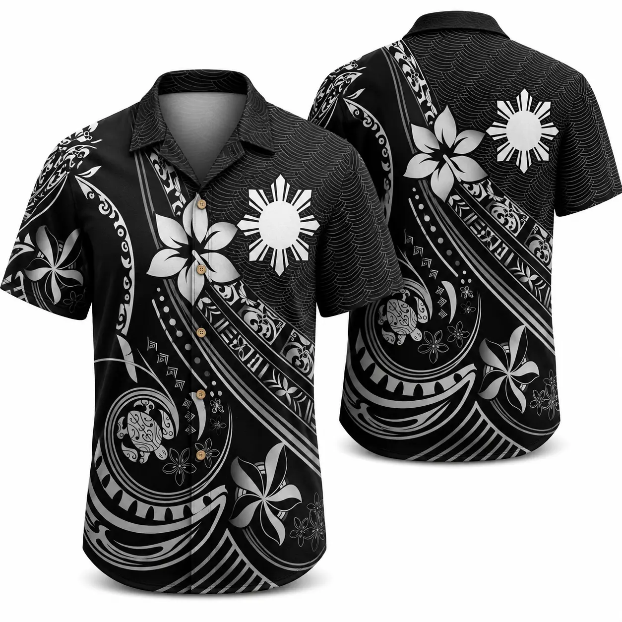 Filipino Sun Hawaiian Shirt, Polynesian Tribal Hawaiian Shirt, Plumeria Flower Aloha Shirt, Island Tattoo Button Up, Tropical Beach Vacation Shirt, Samoan Maori Pattern Shirt, Summer Luau Party Shirt, Hawaiian Floral Shirt, Gift for Men Women