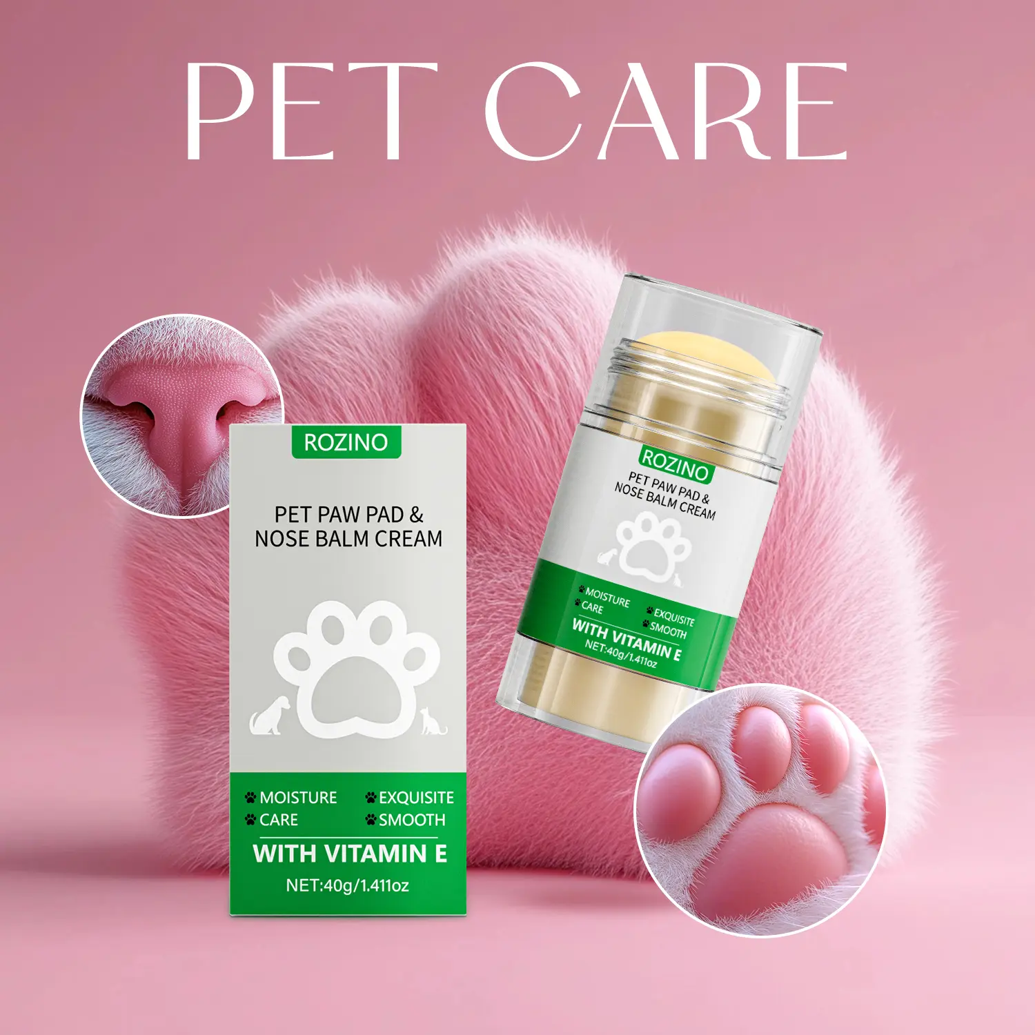 ROZINO Pet Paw Pad & Nose Balm Cream Vitamin E Moisturizing Anti-Crack Universal For Cats & Dogs Portable Stick 40g