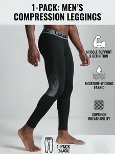 Men's Pro Athletic Compression Leggings - White Gym Workout Running Tights, Spandex Sports Long Pants with Muscle Support & Geometric Knee Graphics (1-Pack)
