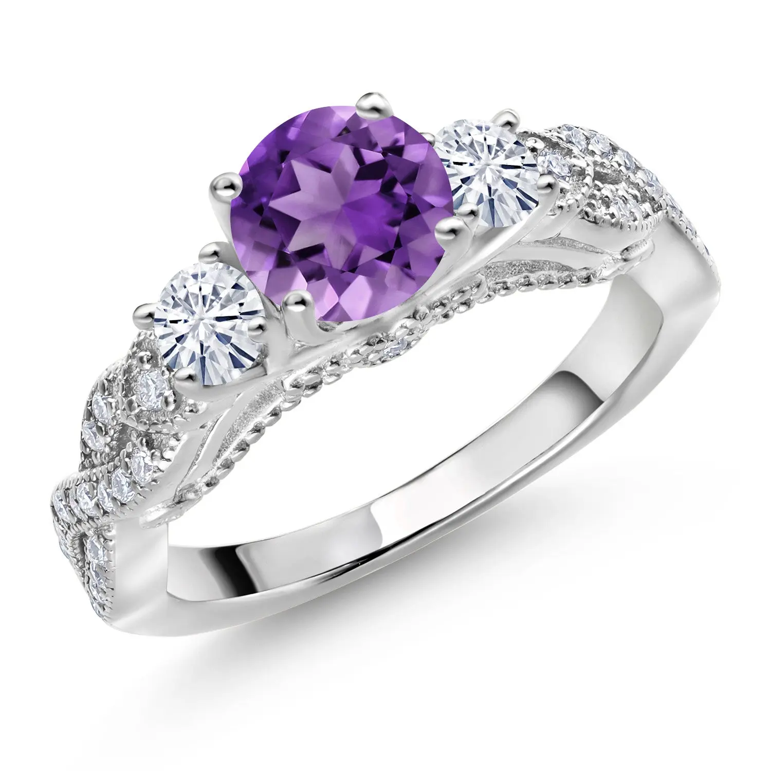 Gem Stone King 925 Real Silver Modern Classic Engagement Ring for Female, 1.47 Carats Amethyst & White Moissanite, February Birthstone, Round 6MM & 3MM