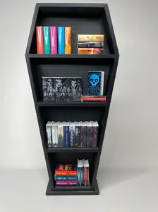 Mini Coffin Bookshelf | Miniature | Approximate size: 7.25 inches tall x 3.25 inches wide (widest part) x 0.8 inches deep | Bookshelf ONLY (mini books and decor sold separately)