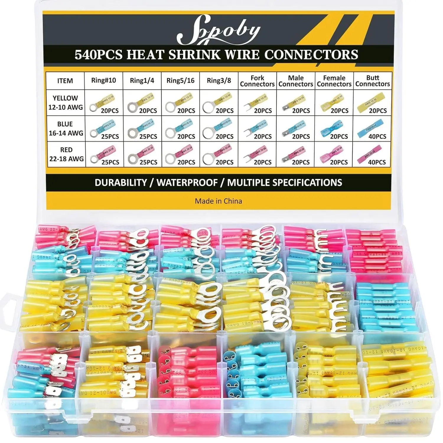 540 count Marine Grade Heat Shrink Wire Connectors -  Electrical Connectors Kit of Tinned Red Copper, AWG 22-10  Crimp connectors terminals Insulated Ring Fork Spade  Splices
