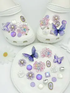 19 Piece Blue Dream Butterfly Flower Shoe Charms, Shoe Accessories, Resin Pearl Decorations, Fresh Fairy Tassel Style, Shoe Adornments, Shoe Embellishments, Fairy Theme, Versatile Fit, Fits Hole Shoes, Rhinestone Shoe Decoration