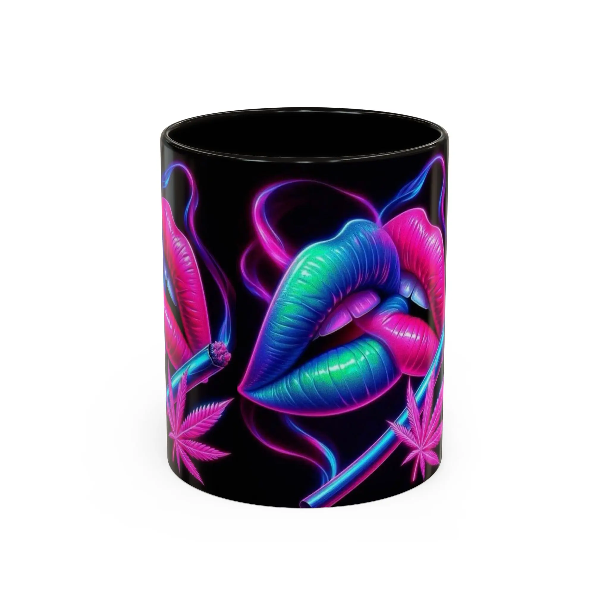 Neon Lips with Smoking Joint Mug | Colorful Cannabis Leaf Coffee Cup