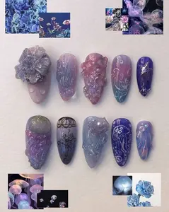 Elegant Acrylic Jellyfish Press-On Nails Set - 3D Purple Faux Pearls, Starfish, Ocean Dark Romantic Gothic Coquettecore Nail Art for Holiday, Birthday