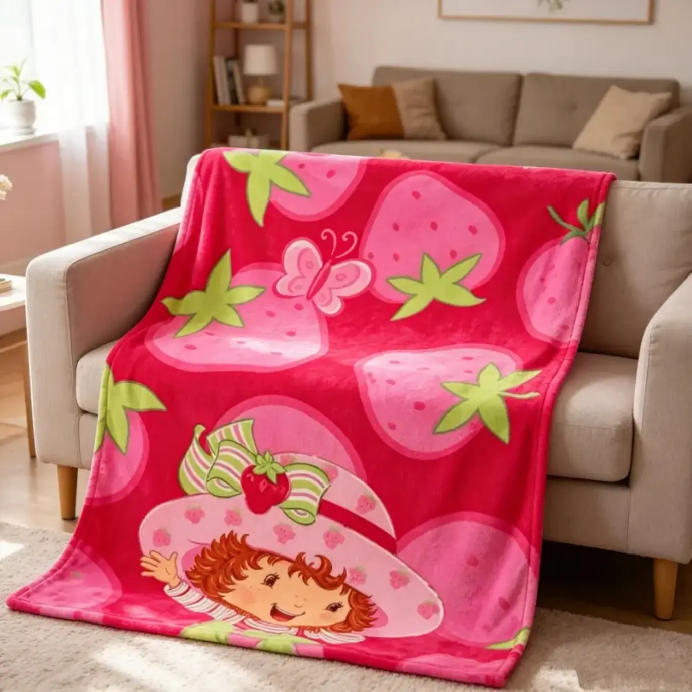 Strawberry Shortcake Throw Blanket, Cute Vintage Cartoon Character Print Fleece Blanket, Ultra Soft Cozy Plush Blanket for Bedroom Decor, Couch Sofa, Living Room, Dorm Room, Kids Teens Adults, Nostalgic Cartoon Fans Gift, Birthday Gift Holiday Gift
